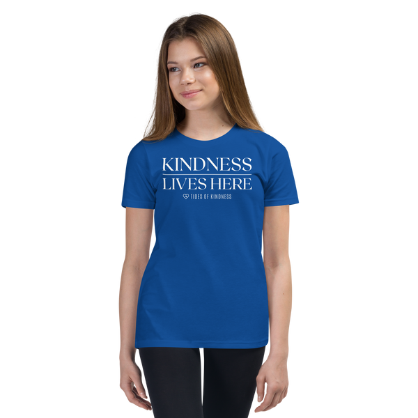 Youth Short Sleeve T- Shirt - KINDNESS LIVES HERE - White Ink