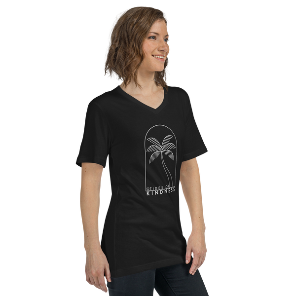 V-Neck Unisex Short Sleeve T-Shirt - Tides of Kindness - Palm - White Ink